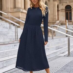 Theenkoln Women Navy Eyelet Midi Dress Long Sleeve Dress Pockets Size Small